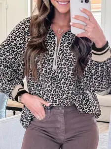 Khaki Leopard Print Half Zip up Blouse, Half Zip Top Allows Adjustable Styling and Comfort.