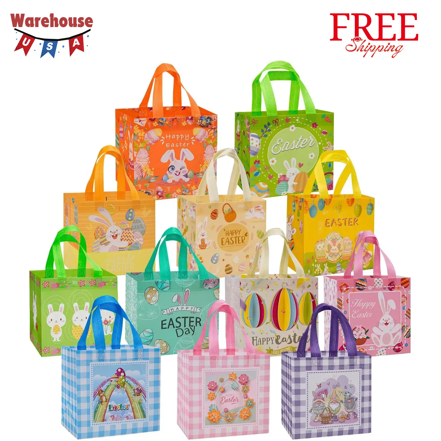 12PCS Easter Gift Bags Large Reusable Bunny Egg Easter Basket 8.3×7.9×5.9inch