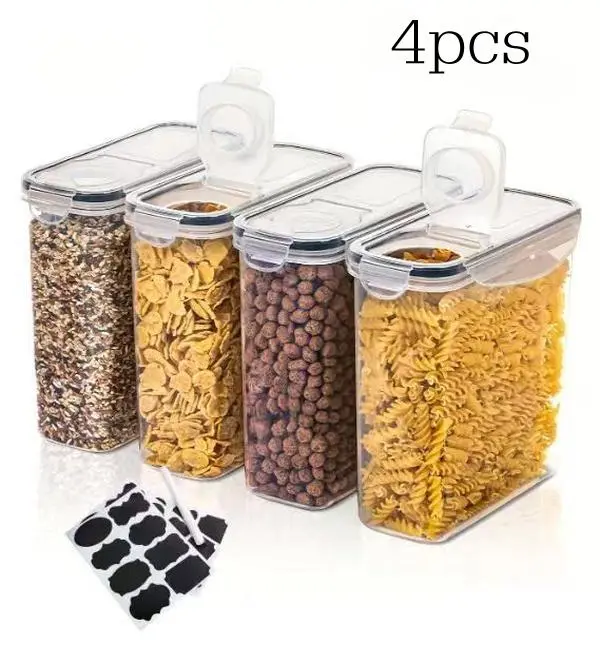4-Piece Transparent Airtight Leakproof Plastic Food Storage Containers Set with Lids - Dishwasher Safe Food Safe Plastic Kits, Non-Glass Kits for Kitchen Organization, Flour Preservation, Leakproof Container, Daily Household Use