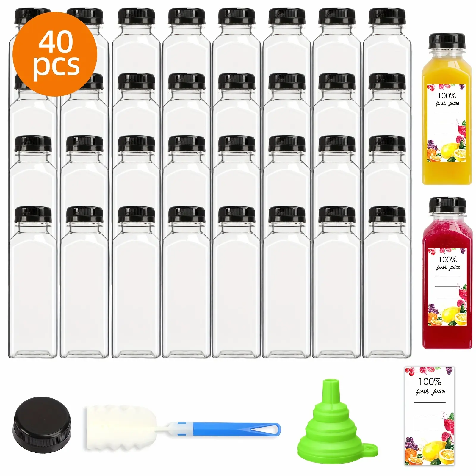 TOMNK 40pcs 12oz/100pcs 16oz Juice Bottles, Juice Bottles with Caps, Juice Bottles with Label, with Funnel And Brush Beverage Containers, Can Be Used to Hold Juice, Coffee, Or Any Drinks.Funnel & Brush (Color Random)