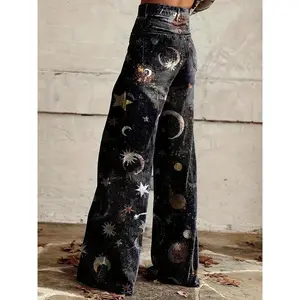 Women's Bohemian Starry Moon Printed Wide Leg Pants - Black Geometric Pattern Non Elastic Casual Pants, Machine Washable Spring and Autumn with Button Details, Spring and Autumn, Opaque Fabric