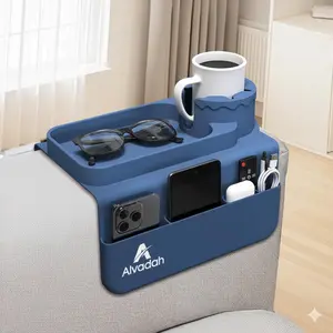 Alvadah Silicone Couch Cup Holder Tray - Sofa Armrest Organizer with Side Pockets for Remote Phone Tablet & Snacks Anti-Slip and Anti-Spill Drink Holder Caddy for Living Room Blue