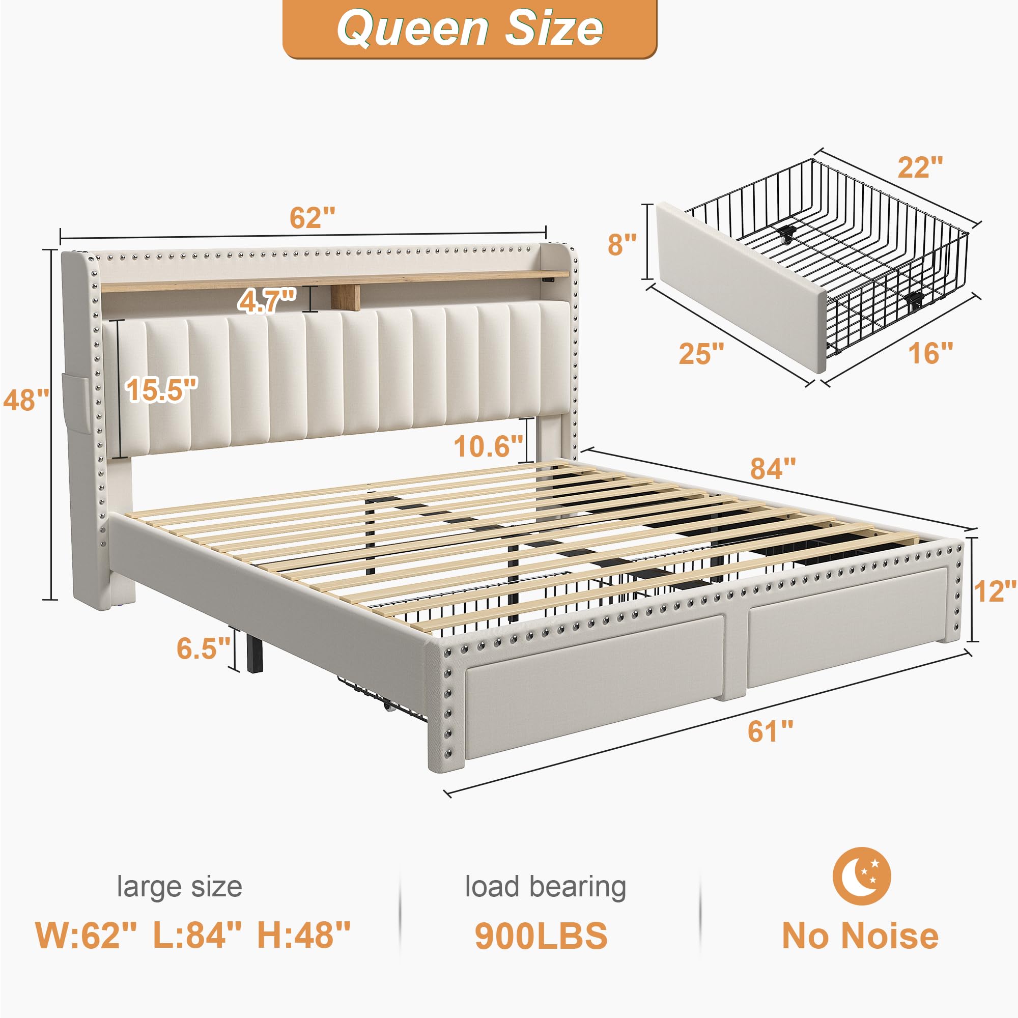 Bed frame for Queen Bed Frame with Headboard&Storage,NO MATTRESS,  Luxury Upholstered Bed Frame with Storage, 2 Drawers & Shelf on Headboard, NO Noise, KING, FULL, Twin, Mother's Day Gifts