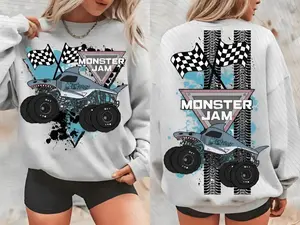 Youth & Adult Monster.Jam Inspired 2 Sided Sweatshirt, Monster Truck Racing Graphic Front Back Print Motorsports Fan Game Day Gift, Youth Clothes, Game day shirt, Youth shirt, Family outfit, Trending shirt, Perfect Gift for Boy and Girl