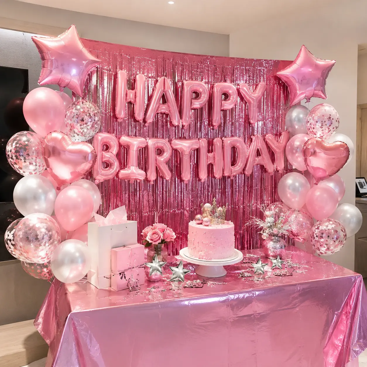 Pink Birthday Decorations Set, Happy Birthday Foil Letter Balloons, Pink Metallic Fringe Curtain, Pink Silver Latex & Confetti Balloons, Star Heart Balloons, Table Cover Party Backdrop Kit