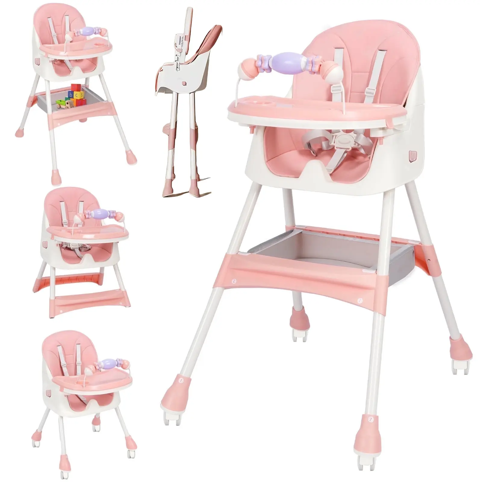 Convertible Baby High Chair, 4-in-1 Plastic & Stainless Steel Toddler Dining Seat with Adjustable Tray, Converts to a Portable Play Table and Chair Set, Pink, Unisex, Pp, Wipe-Clean, Multi-Use, Eva, 0 - 3 Years, Height Adjustable, Grows With, Easy Portabi