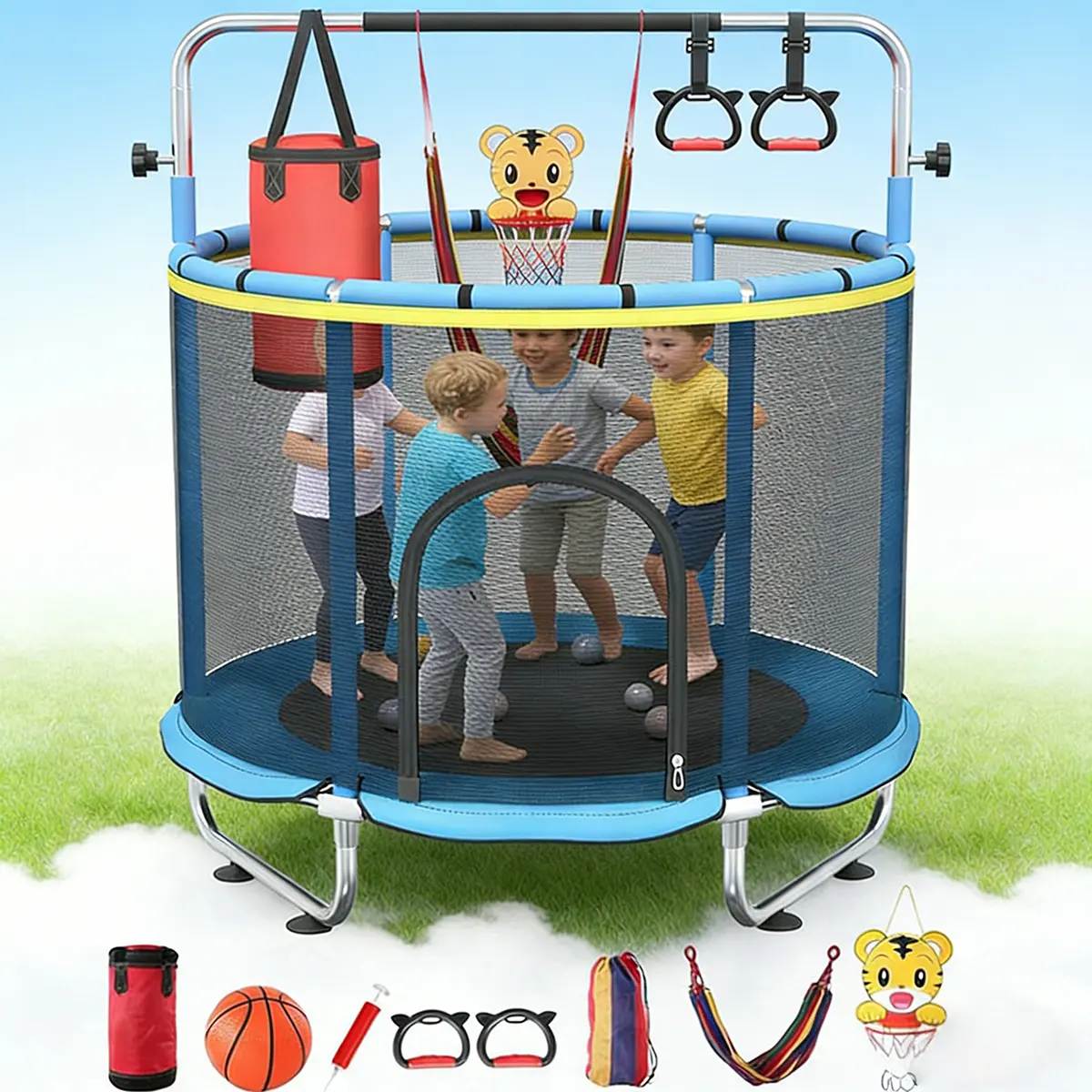 60" Trampoline for Kids with Safety Net, Indoor & Outdoor Toddler Trampoline with Swing,Fun Toy & Active Play for Boys & Girls