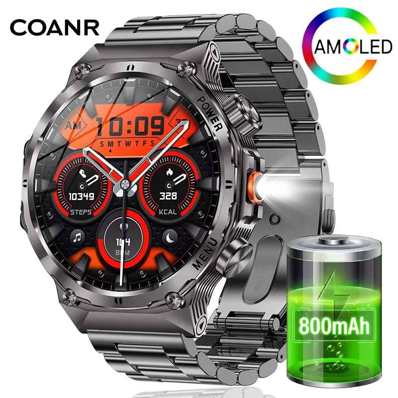 CONAR men's military smartwatch, equipped with an 800mAh battery, answering/dialing/fitness tracker/flashlight/heart rate monitoring/sleep monitoring /100+ sports modes, 1.7-inch water-resistant smartwatch, compatible with Android /iPhone black
