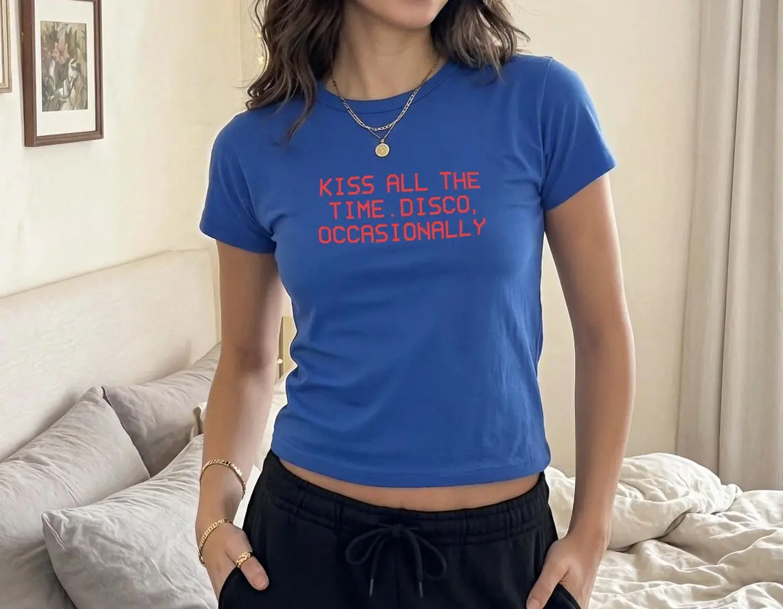Kiss All The Time. Disco Occasionally Baby Tee T-Shirt Top Harry Album Merch Tour Concert Unisex (Red Text Version)