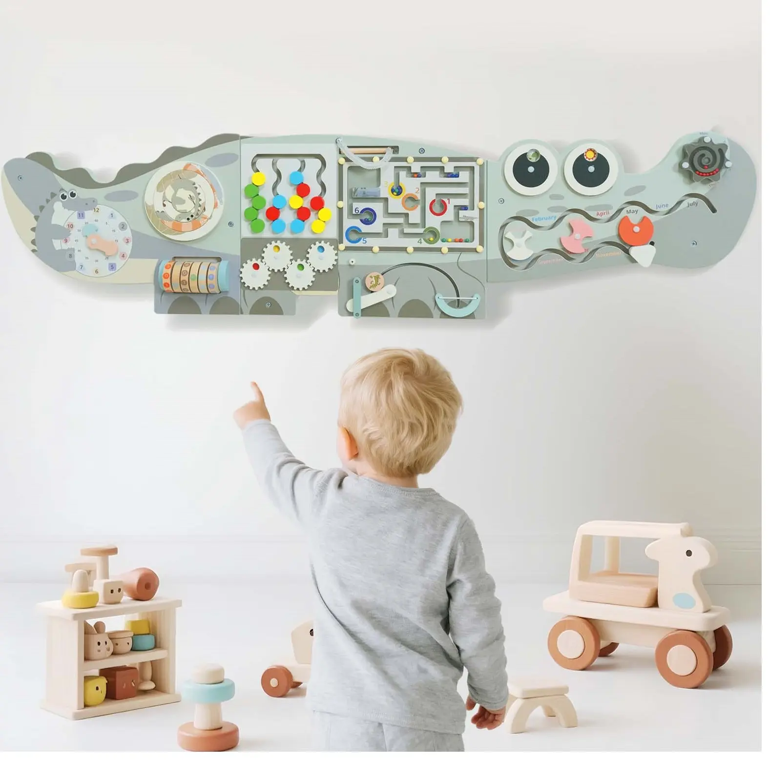Potatomato Green Montessori Wall Panel - Unisex Toddler Learning Activity Center, Fine Motor Skills Toy, Autism Support, Shape Sorter for Children Development