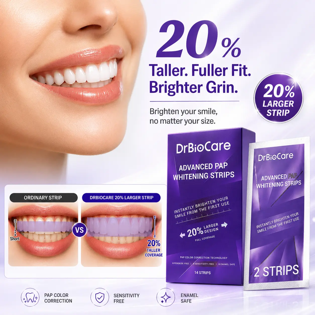 [20% Larger] DrBioCare PAP Purple Teeth Whitening Strips - Non Sensitive Whitener, Enamel-Safe, Breath Freshener, Easy Rinse Fresh Mint Kit for Fix Your Smile & Bright Smile, Breath Freshener Teeth Whitening, Enamel Teeth Whitening