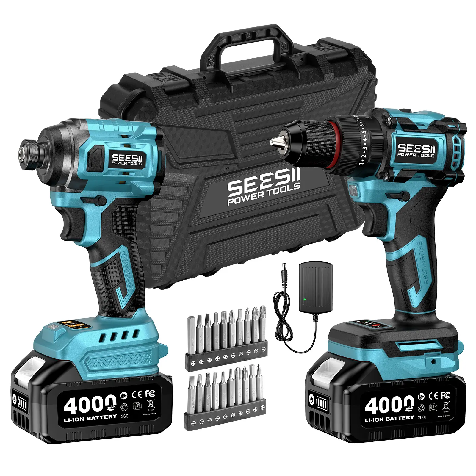 SEESII 3/8'' Brushless Cordless Drill and 1/4'' Impact Driver Combo Kit with 2 Batteries, 21V Max Electric Brushless Power Tool Set with Fast Charger