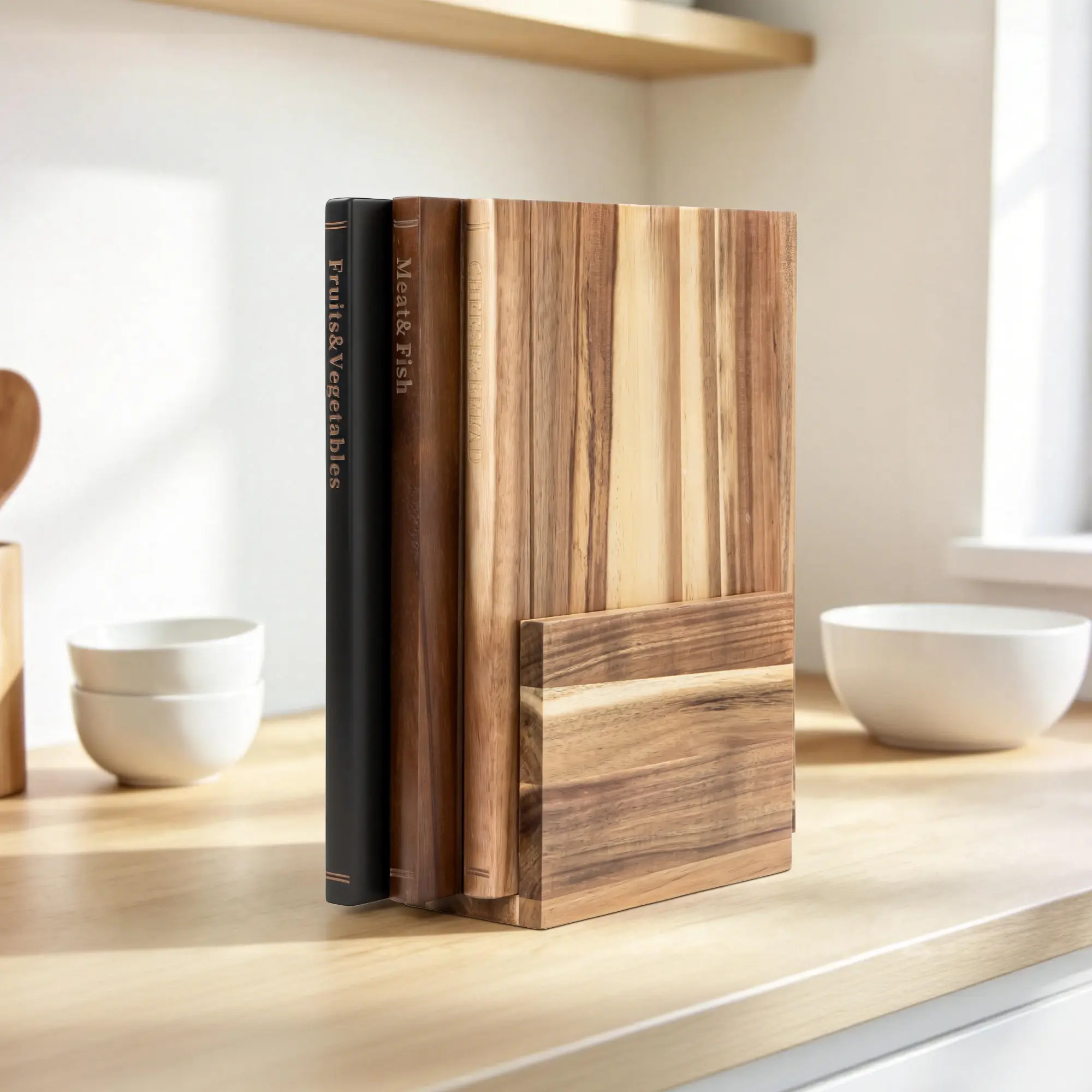 WELSTEEPSE Premium Handcrafted Natural Wood Acacia Cutting Board - Durable Stylish Rectangle Book-Style, Space-Saving Vertical Surface for Chopping Vegetables, Meat, Dishwasher Safe Kitchen Supply, Luxury Housewarming Gift (Set of 3)