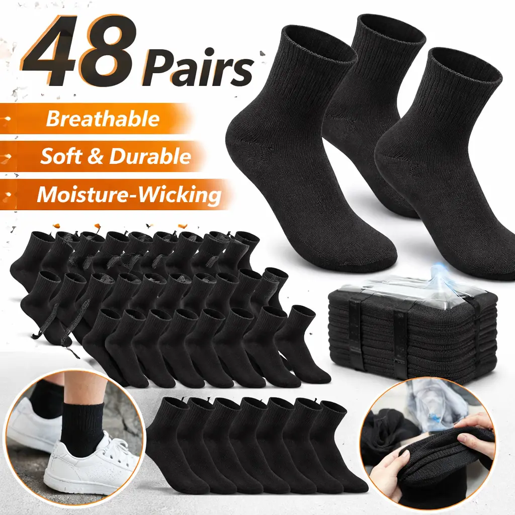 Bulk Socks 48 Pairs – Quarter Ankle Moisture Wicking Athletic Socks for Men Women, Choose Black or White, Crew Casual Sports Socks for Homeless Donations, Shelter, Everyday Wear
