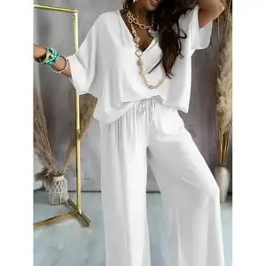 New Style V-neck Batwing Sleeve Top with Tie Casual Pants Two-piece Set Womenswear Clothes Suit Comfort Basic Minimalist Vneck White