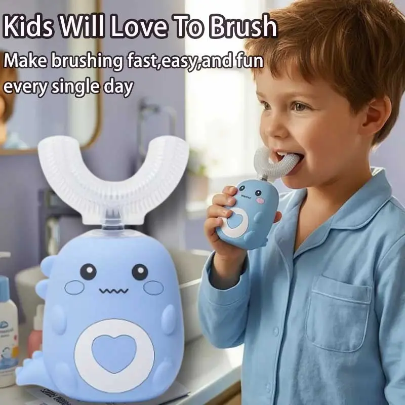 Kids U Shaped Electric Toothbrush with 3 Brush Heads, 360° Sonic Automatic Toothbrush with 3 Cleaning Modes, IPX7 Waterproof Cartoon Dinosaur Design