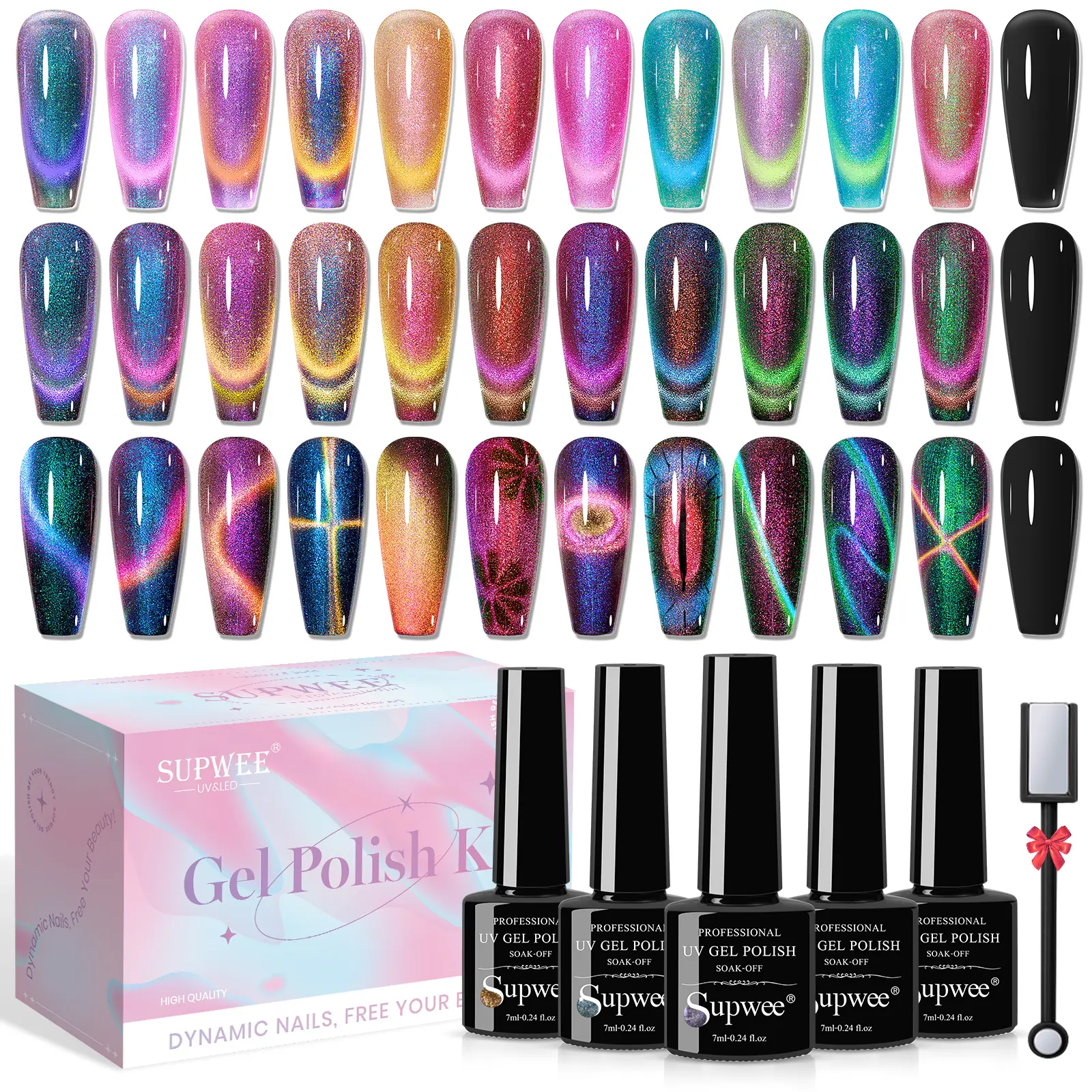SUPWEE Cat Eye Gel Nail Polish Multi-Pack Set with Magnet - Chameleon Magnetic Cosmetic Kit, Triple Color Galaxy Effect, Manicure at Home, Nail Art Salon Use, Ideal Gift, Soak Off Gel, Gel Nails At Home