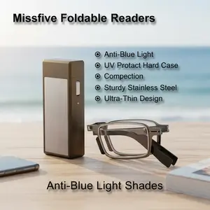 Missfive Folding Reading Glasses: Anti Blue Light UV Protection w/ Compact Hard Case | Sturdy Stainless Steel Frame for Computer/Everyday Use | Ultra Thin Easy Operate Reduce Eyefatigue