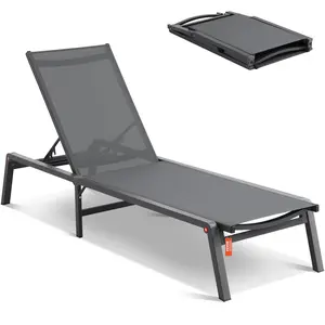 VEVOR Chaise Lounge Chair Outdoor,  , Aluminum Patio Lounge Chair with Adjustable 5-Position, Folding Pool Lounge Chair Recliner and Full Flat Tanning Chair for Patio, Beach, Pool, Dark Grey