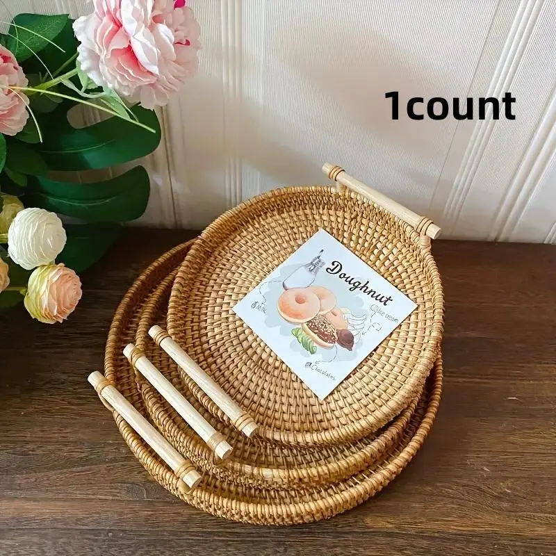 Round Bamboo Basket with Handle, 1 Count Woven Fruit Basket, Heat Resistant Food Basket, Gift Baskets for Kitchen, Living Room, Bedroom, Basket with Handles