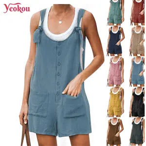 Yeokou Women's Basic Sleeveless Casual Summer Cotton-Linen Romper Overall Jumpsuit Shorts