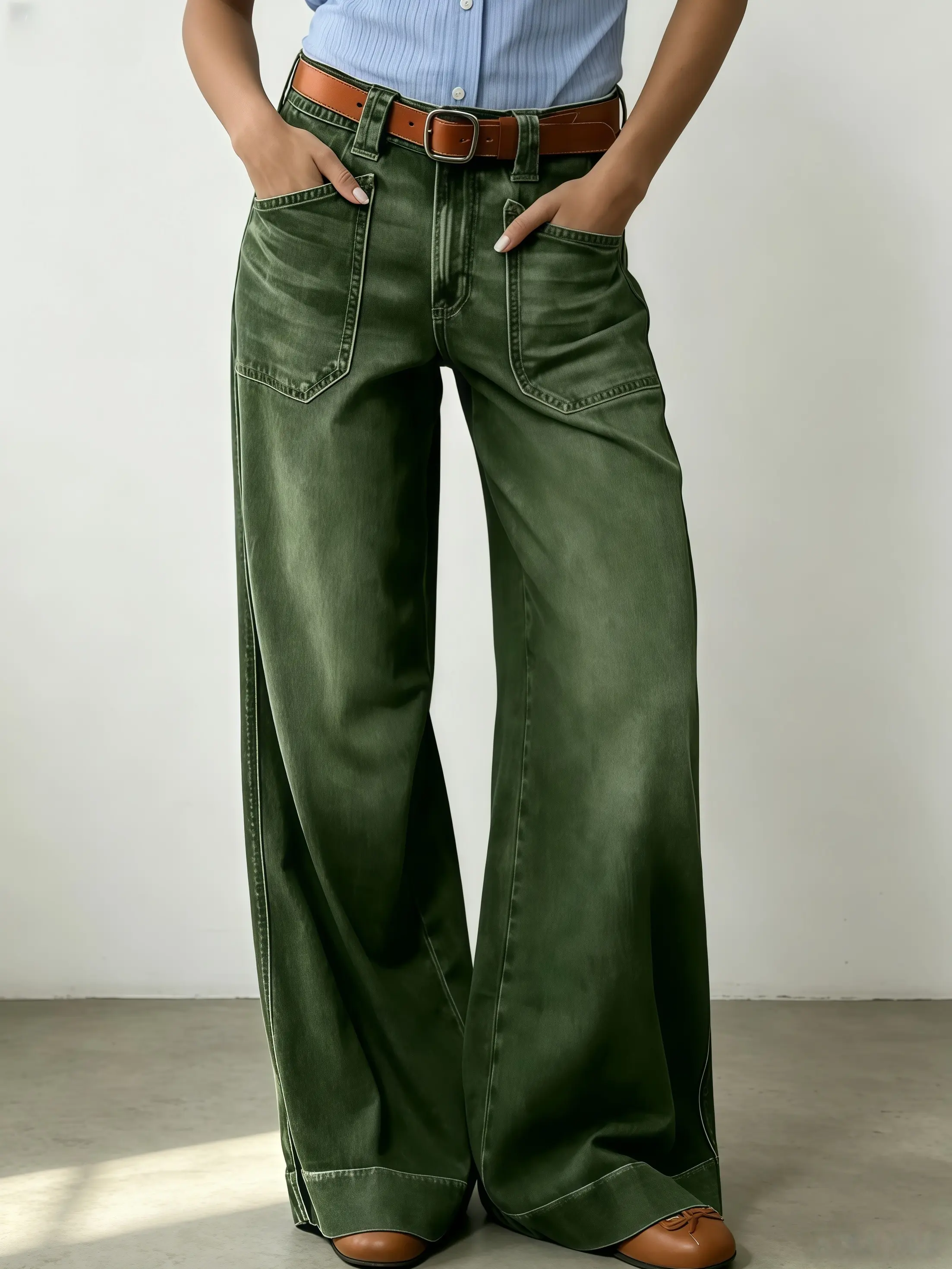 Women’s High Rise Vintage Olive Green Wide Leg Jeans Contrast Stitch Square Patch Front Pockets Loose Baggy Fit Retro Washed Casual Denim Trousers Daily Outfit