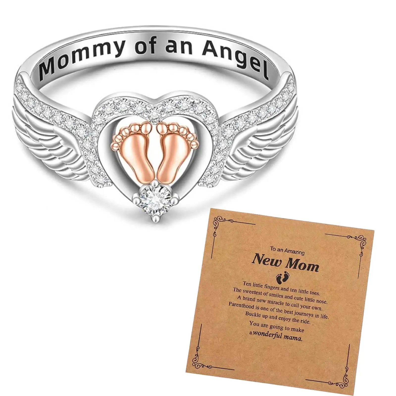 Angel Baby Footprint Ring for Mom Mothers Day - Adjustable Footprint Jewelry with Keepsake Card, Sentimental Angelic Theme, Symbolic Memory Gift, Fits Sizes 5-9