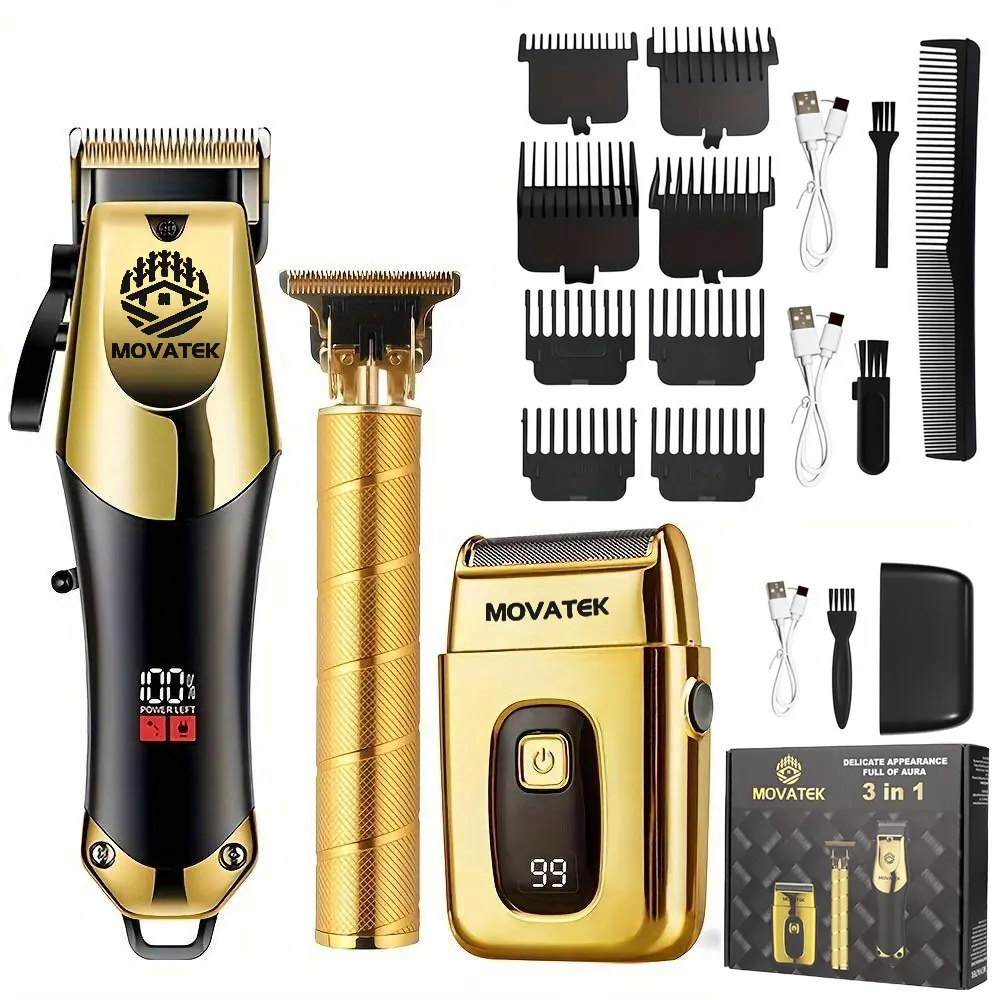 3 Piece Professional Blonde Hair Clipper & Trimmer Kit for Men USB Rechargeable Barber Set Featuring LCD Display, Adjustable Blade Hair Clippers, and Professional Men's Trimmer Hair Cutting Kits