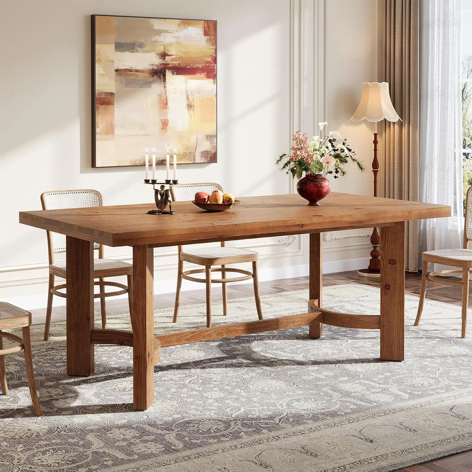 TRIBEWOOD 63" Long Solid Walnut Dining Table - Farmhouse Rectangle Kitchen Table with Natural Grain Thick Top, Sturdy Construction, Seats 4-6 for Dining Room, Commercial Use