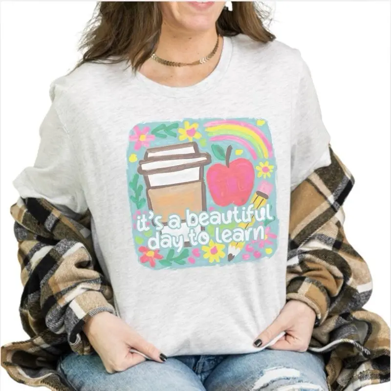 Teacher SHIRT - Its A Beautiful Day To Learn Bleached SHIRT -  Comfy Unisex Jersey Shirt - Bleached Graphic Tee Design, Random Bleaching, True-to-Size Fit, 35% Cotton 65% Poly - Fabric Vintage Tshirt