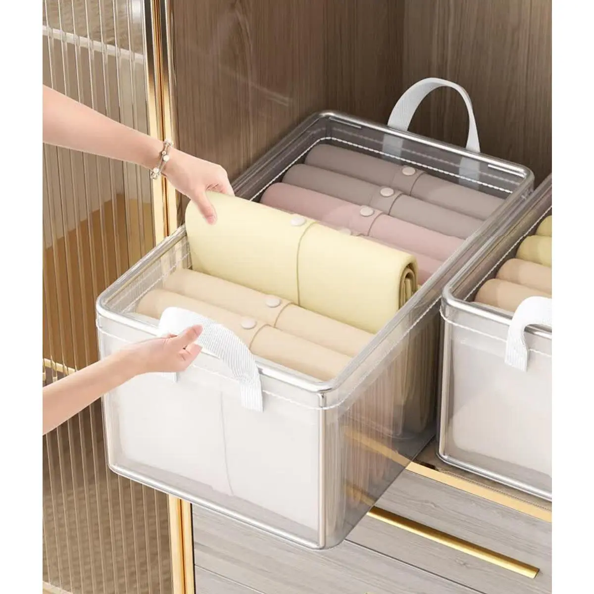 4-Piece Stackable Waterproof PVC Rectangle Boxes with Lids - Durable Folding Storage Containers, Clever Organizers with Lift & Carry Handles for Wardrobe Clothes, Study Books