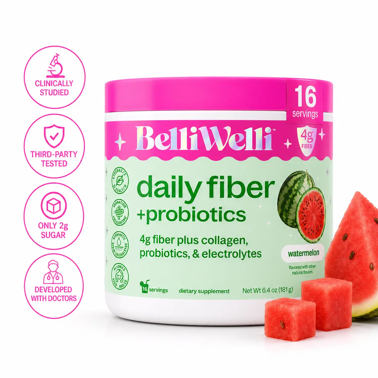 BelliWelli Daily Fiber + Probiotics + Collagen - Watermelon Health Fitness