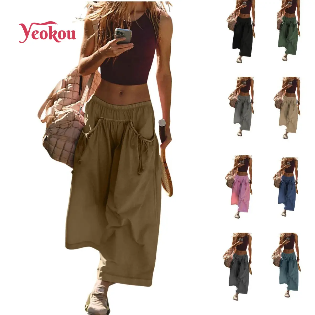 Yeokou Women's Plain Loose Wide Leg Athleisure Casual Trousers - Boho Sport Style, Casual Elastic Waisted, Drawstring, Pockets, Capri Hiking Parachute Pants,summerwins,summeroutfits,vacationoutfits,beachoutfits,back to school shopping