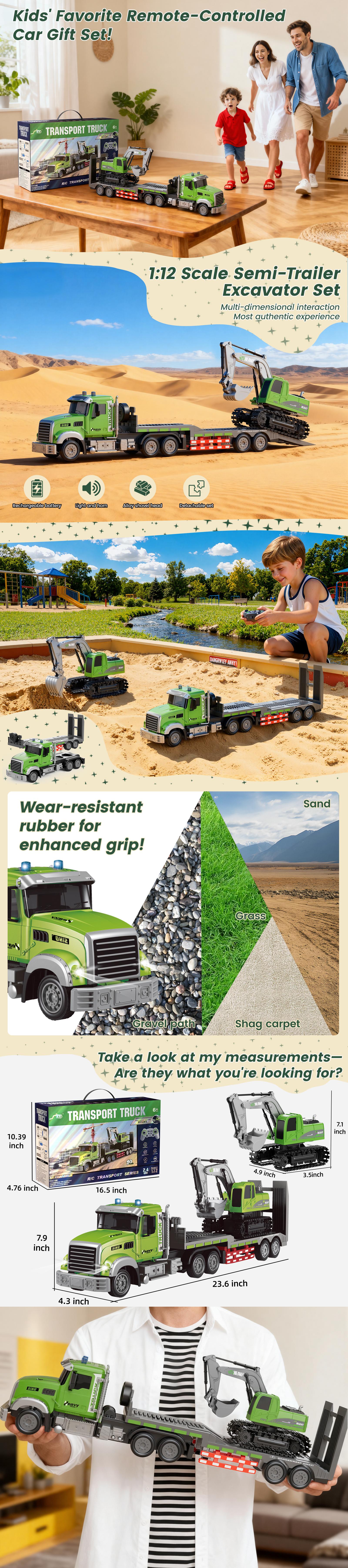 RC Semi Truck & Excavator Toy Set,1:12 RC Semi-TrailerTruck with Sound and Lights,2.4Ghz Remote ControlFlatbed Truck with Green RC Car Excavator Toys
