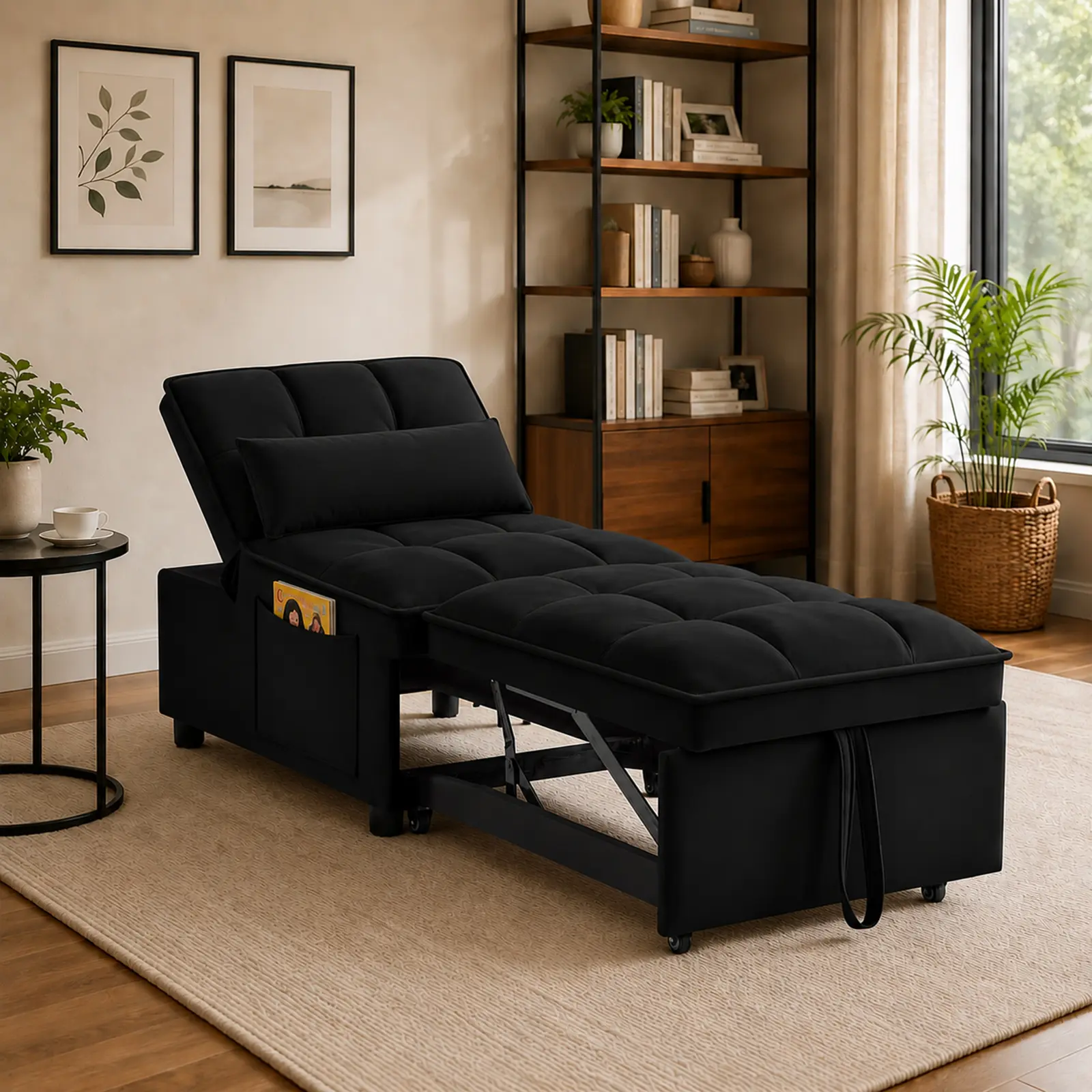 4-in-1 Convertible Sleeper Chair, Velvet Pull-Out Sofa Bed, Adjustable Recliner Chair with Side Pocket, Wheels, for Living Room, Bedroom, Small Space, 4-In-1 Folding Bedroom Furniture, Convertible Sofa Bedroom Furniture