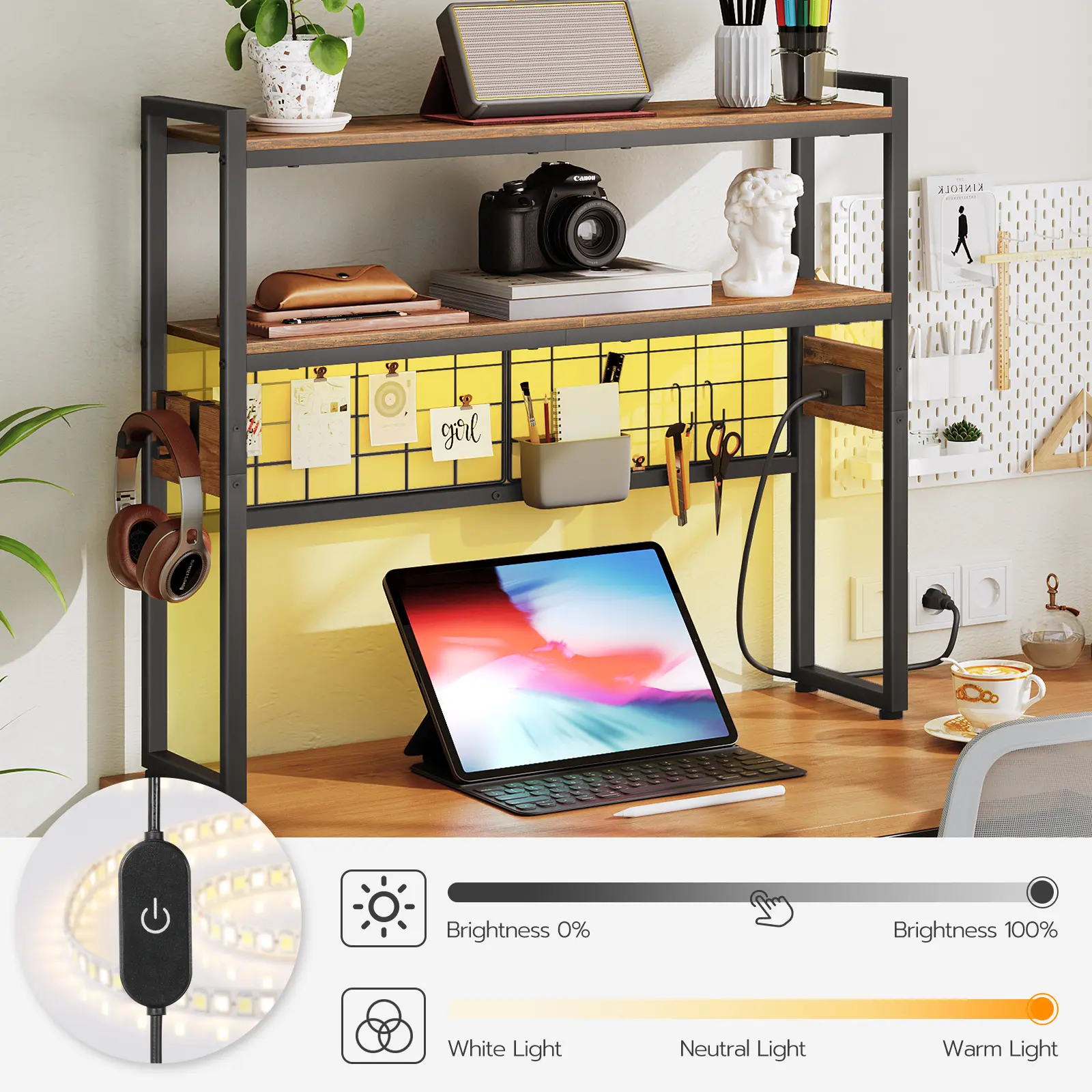 HOOBRO Desktop Bookcase, 2-Tier Office Desktop Organizer, 29.9" Wooden Office Storage Rack with Outlets, Display Shelf Rack with Light Strip, Desk Hutch for Office, Rustic Brown