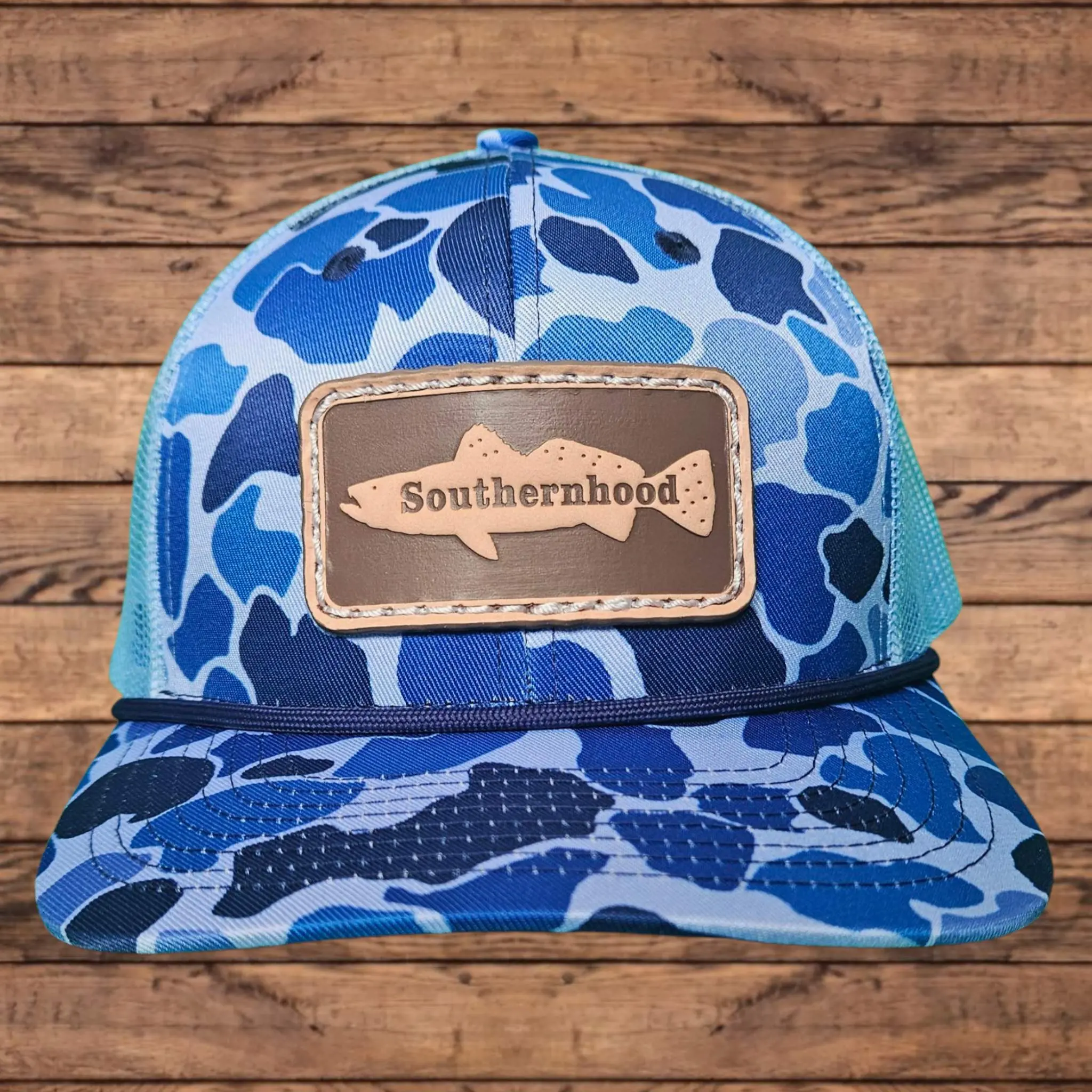 Blue Duck Camo  Trucker Hat with Leather Speckled Trout Patch.
