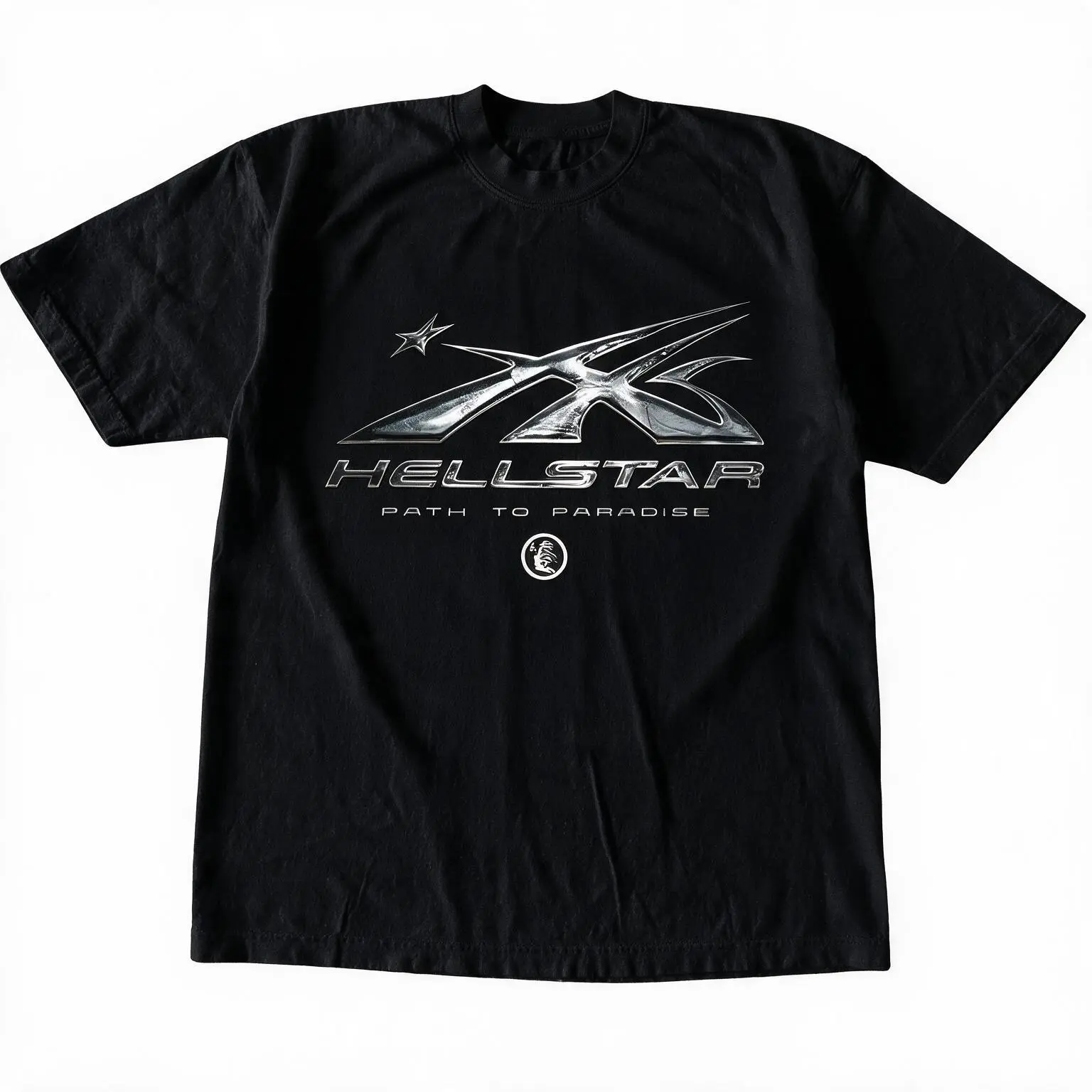 Trendy Hellstar graphic streetwear tee with metallic silver print, relaxed oversized fit. Perfect for hip‑hop style, daily outfits and street fits. Great pick for street style lovers.