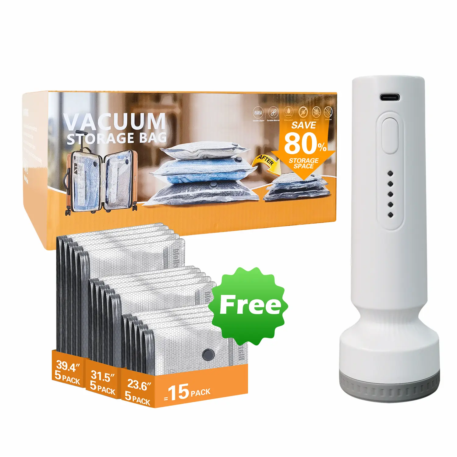 Portable Rechargeable Vacuum Sealer with Rechargeable Pump, Free 15-Pack Vacuum Storage Bag Set, Wireless Electric Pump for Clothing, Bedding, Comforter, Blanket
