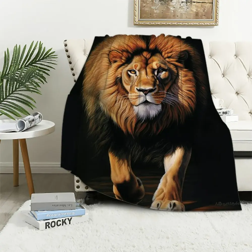 Lion Animal Print Flannel Throw Blanket - Soft Lightweight Warm Couch Sofa Bed Blanket, Black White, Father's Day Thanksgiving Holiday Gift, Soft Lightweight Blanket