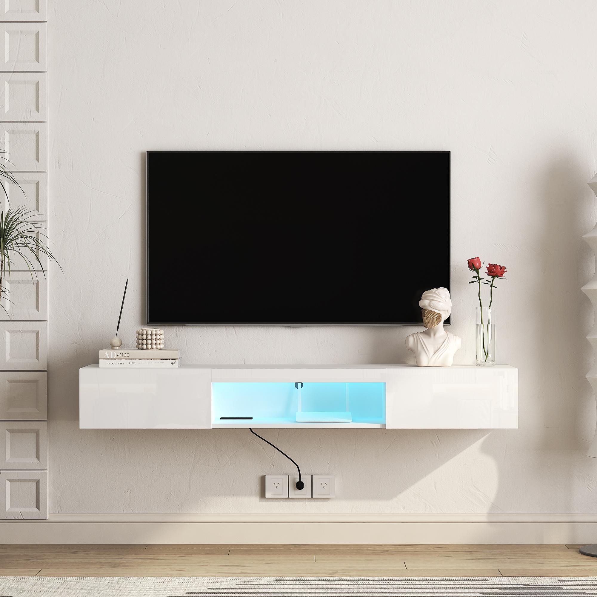 ​​Spaco Wall-Mounted Floating TV Stand – 63” Modern LED TV Console for 55/60/65” TVs, 16-Color RGB Lighting, White