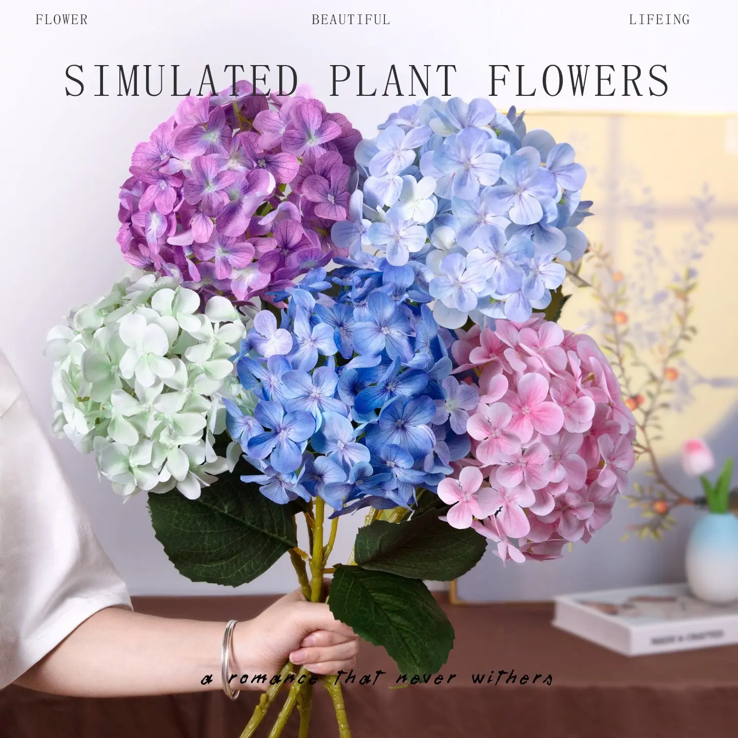 6 sets of 23-inch realistic white hydrangea artificial flower bouquets, Artificial flower decorations, equipped with long stems and leaves, all made of latex, suitable for home decoration, Mother's Day gifts, birthday gifts, party bouquets
