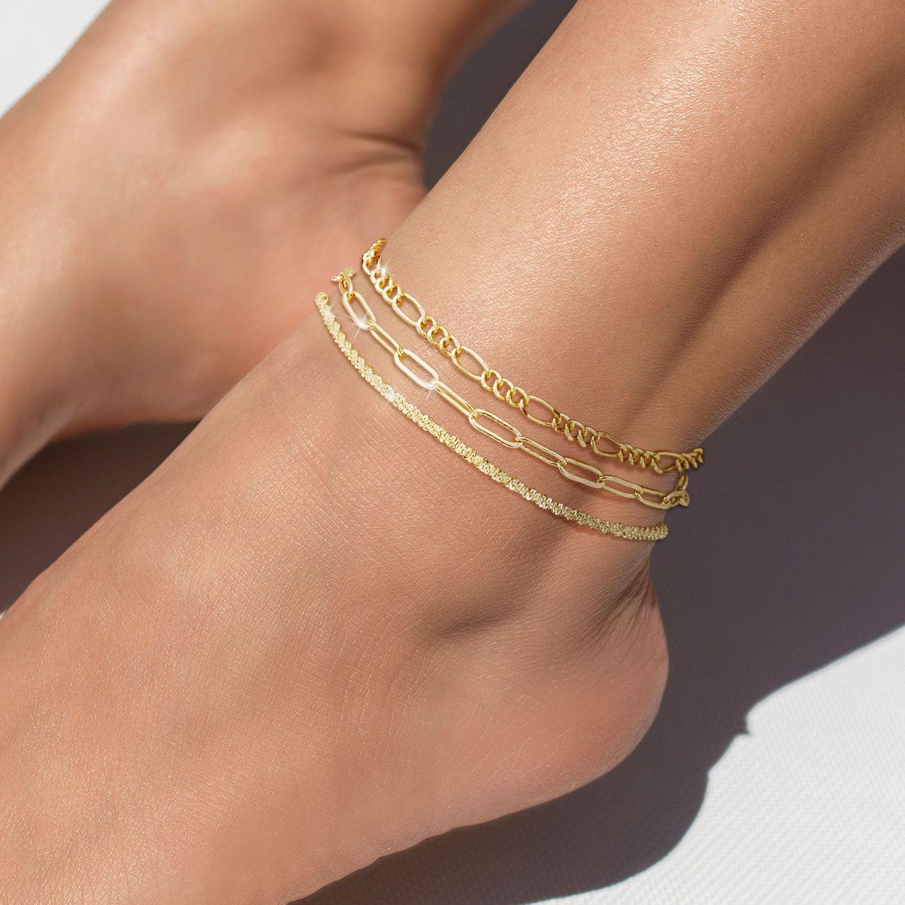 TEWIKY 14K Gold Plated Triple Layer Anklet with Paperclip Figaro Stars Elegant Design Valentine's Day Gift Versatile for Various Occasions