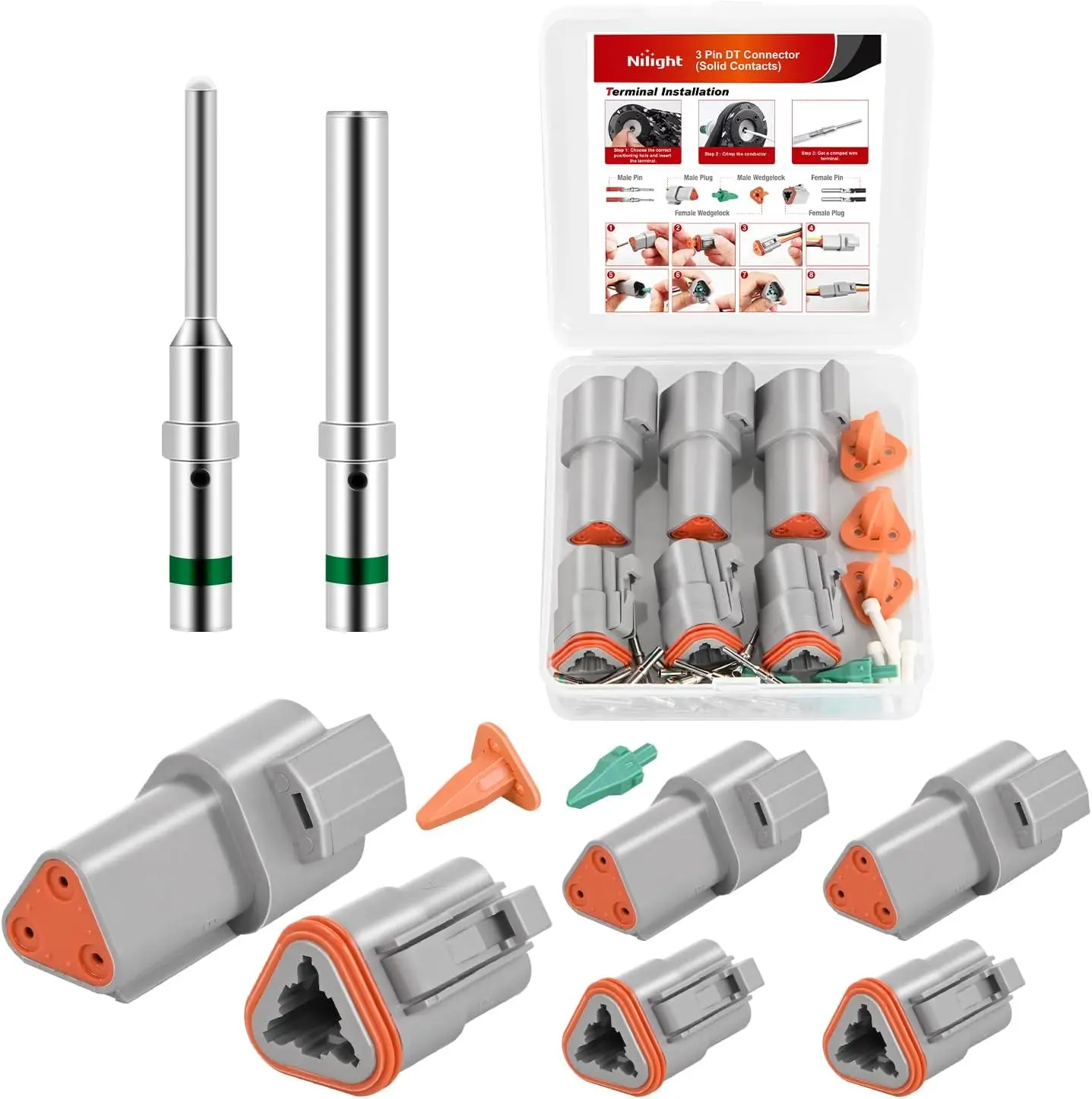 Nilight 3-Pin DT Connector Kit Pack (3 Sets) - Size 16 Solid Contacts, Waterproof Seal Terminals, 13 A, 14°F to +176°F, 14-20 AWG Compatibility, IP67 Rated, Wire Connection for Car, Outdoor Safe, Father's Day Gift, Boat