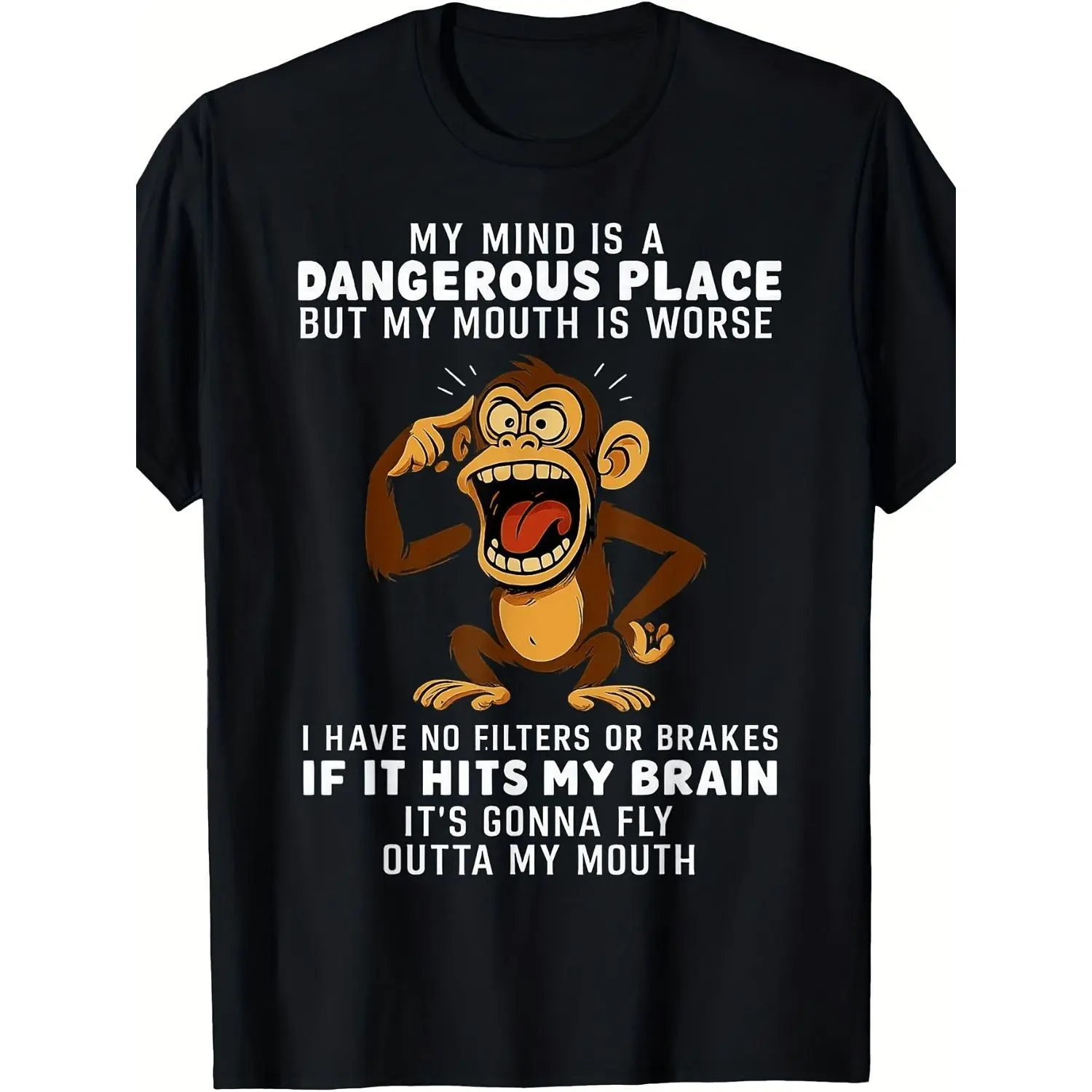 Men's Humorous Monkey Image Print Soft Cotton T-Shirt - "My Mind Is a Dangerous Place" Slogan, Breathable, Medium Stretch, Round Neck, Loose Silhouette, Easy Wash, Short Sleeve Casual Multi-Size Sports & Outdoor Top for 4th of July