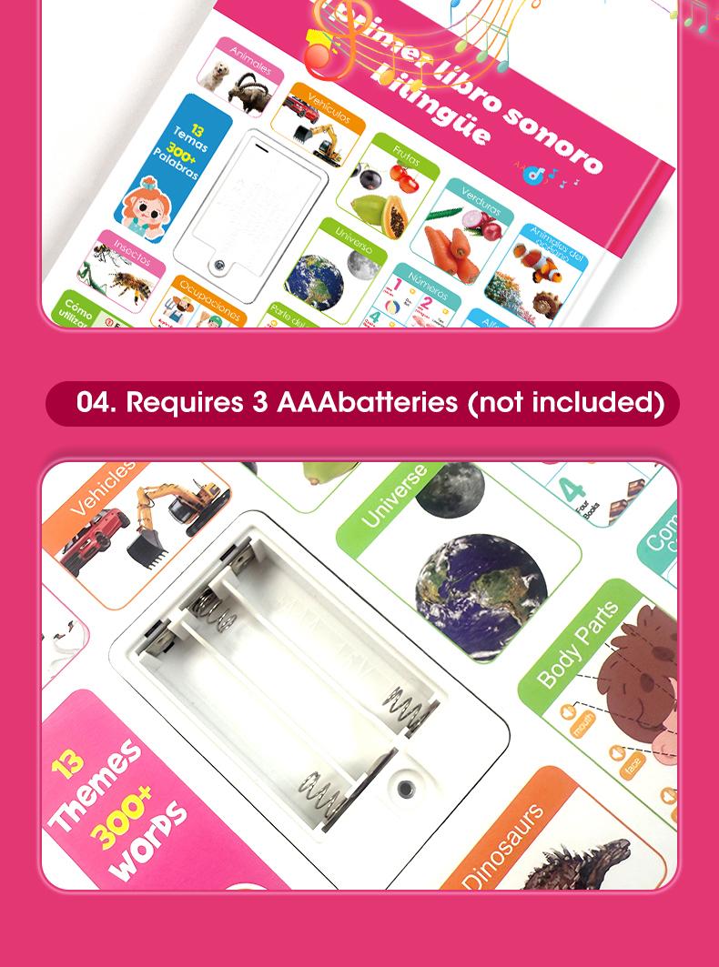 Interactive Talking Sound Picture Book for Kids , Spanish & English Bilingual, 300+ Words15 Themes6 Songs Q&A Learning Games, Screen-Free Preschool Educational Toy for Toddlers, Early Learning at Home & Travel, Valentines Day Gifts for Kids Animals