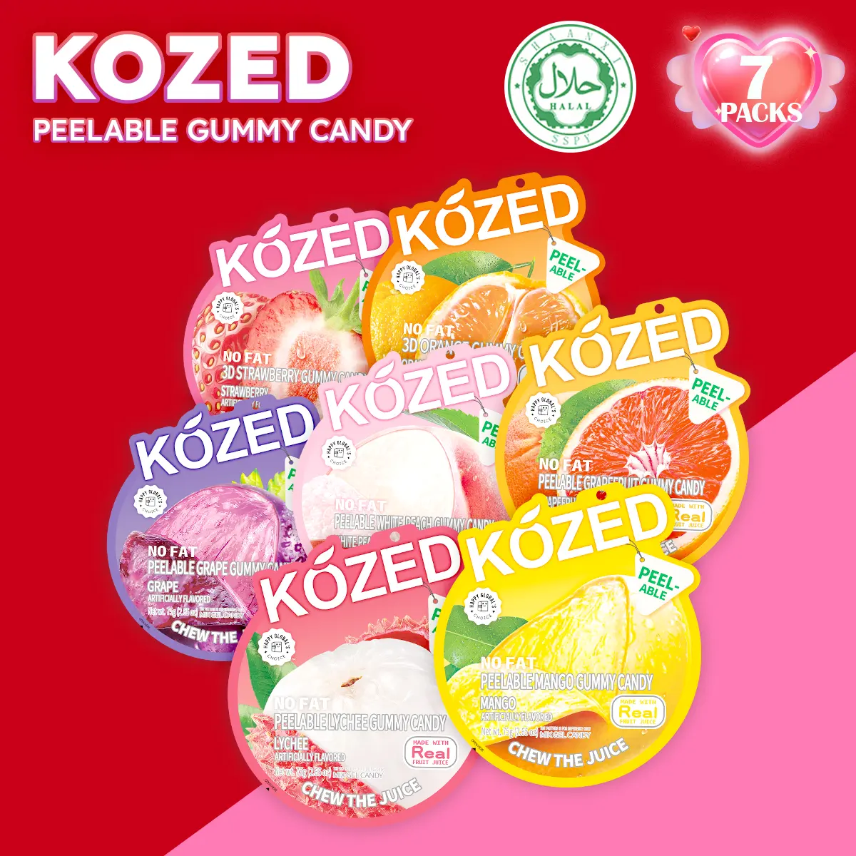 Kozed Peelable Mixed Gummies Variety Pack - Mango, Lychee, Strawberry, Orange, Grape, Grapefruit, White Peach - Fun Party Snack Food, Chewy Candies with Juicy Flavors