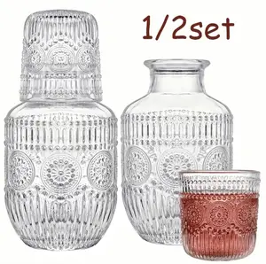 Vintage Embossed Thickened Glass Bedside Carafe & Tumbler Set - Classic, Stylish, Large Capacity, Hotel-Grade Explosion-Proof Water Pitcher with Dustproof Inverted Cup, 1-Piece High-End Drinkware for Bedroom Nightstand, Living Room Hosting