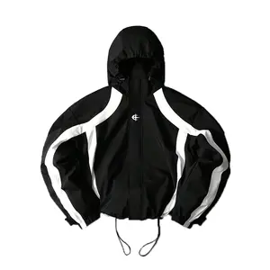 Color blocking striped patchwork jacket, outdoor sports spring and autumn fashion hooded zipper coat, adjustable cuffs and hem, suitable for daily streetwear outfit