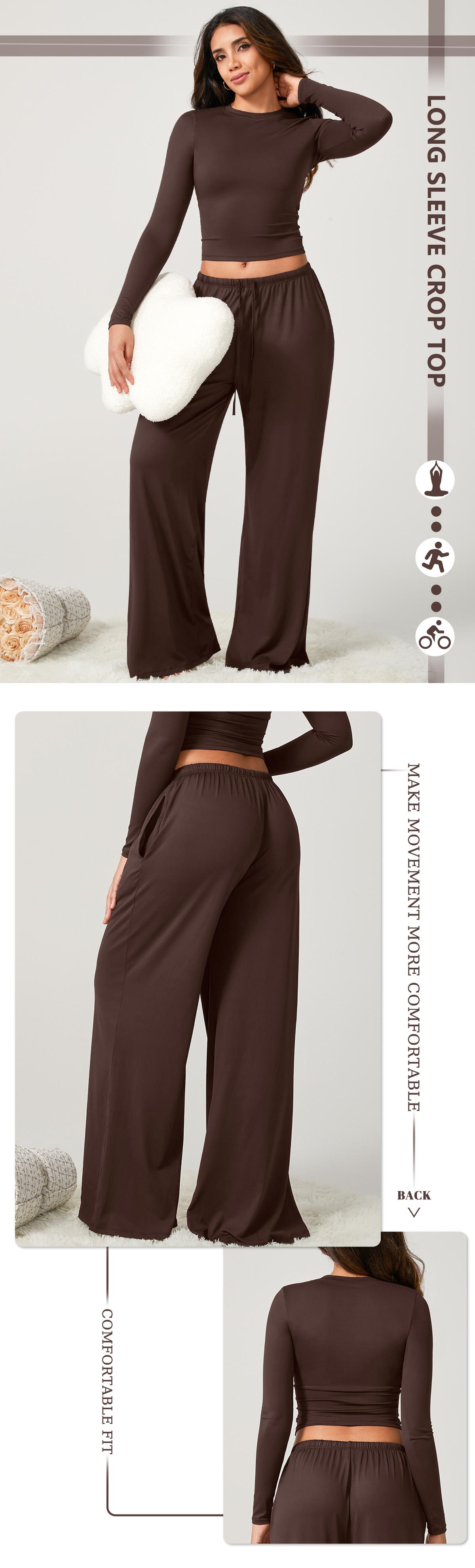 TimeOFF Women's 2-Piece Activewear Set Long-Sleeve Crop Top & Wide-Leg Pants Stretchy Fabric for Yoga Leisure Daily Active Scenarios Workout Running Clothes